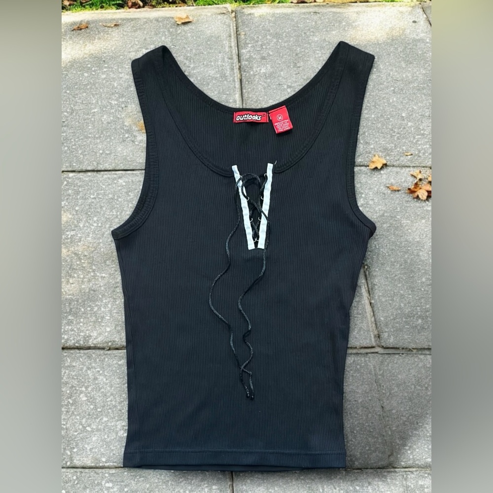 Outlooks | Black Lace Up “Wife Beater” Tank Top | Size: Medium